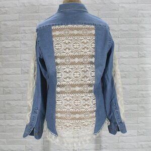 HAND CRAFTED Shirt Denim Upcycled Oversized Lace Insert Sheer Floral Blue Jean M